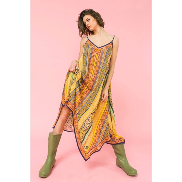 Flying Tomato Boho Print V Neck Sleeveless Hanky Hem Midi Dress - Picture 2 of 10